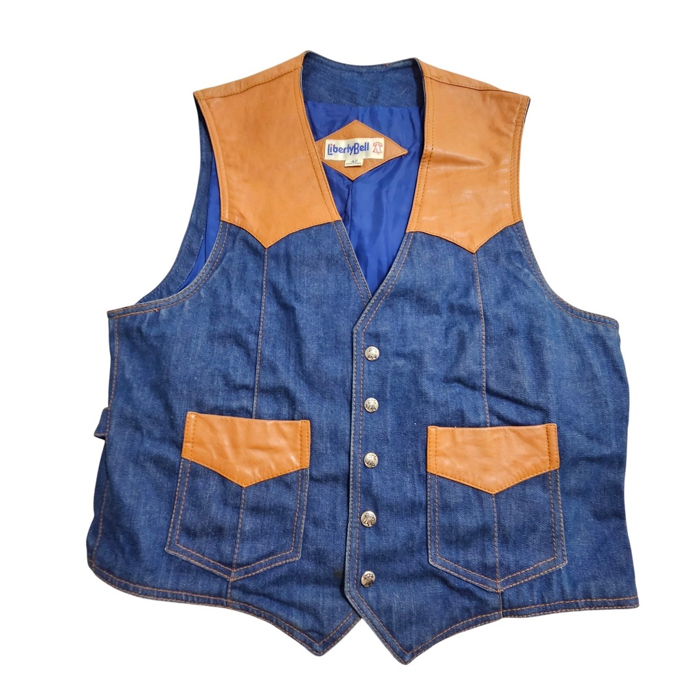 Liberty Bell Vintage Denim Vest 42 Blue Leather Yoke Western Button Front *